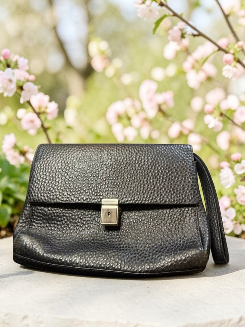 Vintage Giorgio Armani Black Pebbled Leather Clutch Bag with Buckle Lock